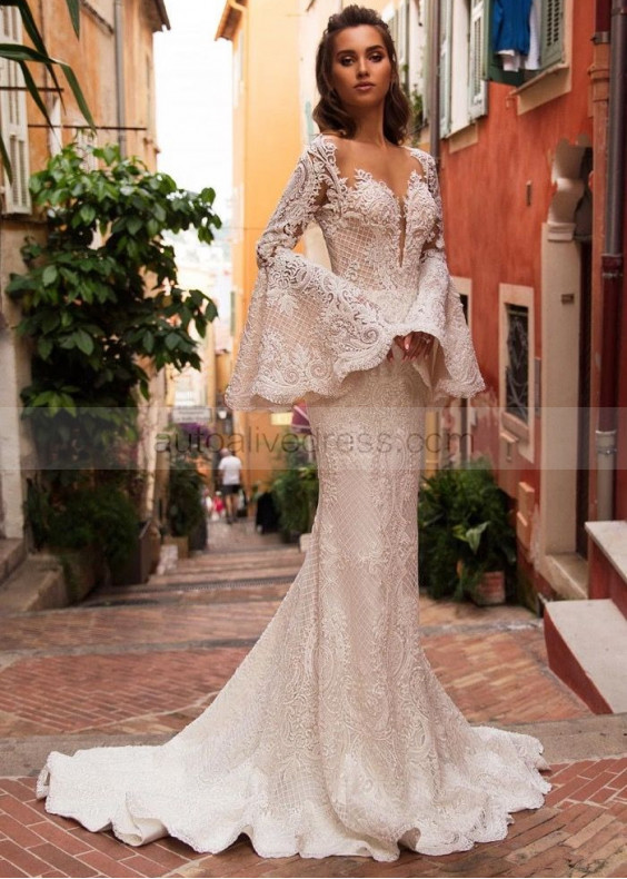 Beaded Ivory Lace Wedding Dress With Detachable Trumpet Sleeve Beaded Ivory Lace Wedding Dress With Detachable Trumpet Sleeve